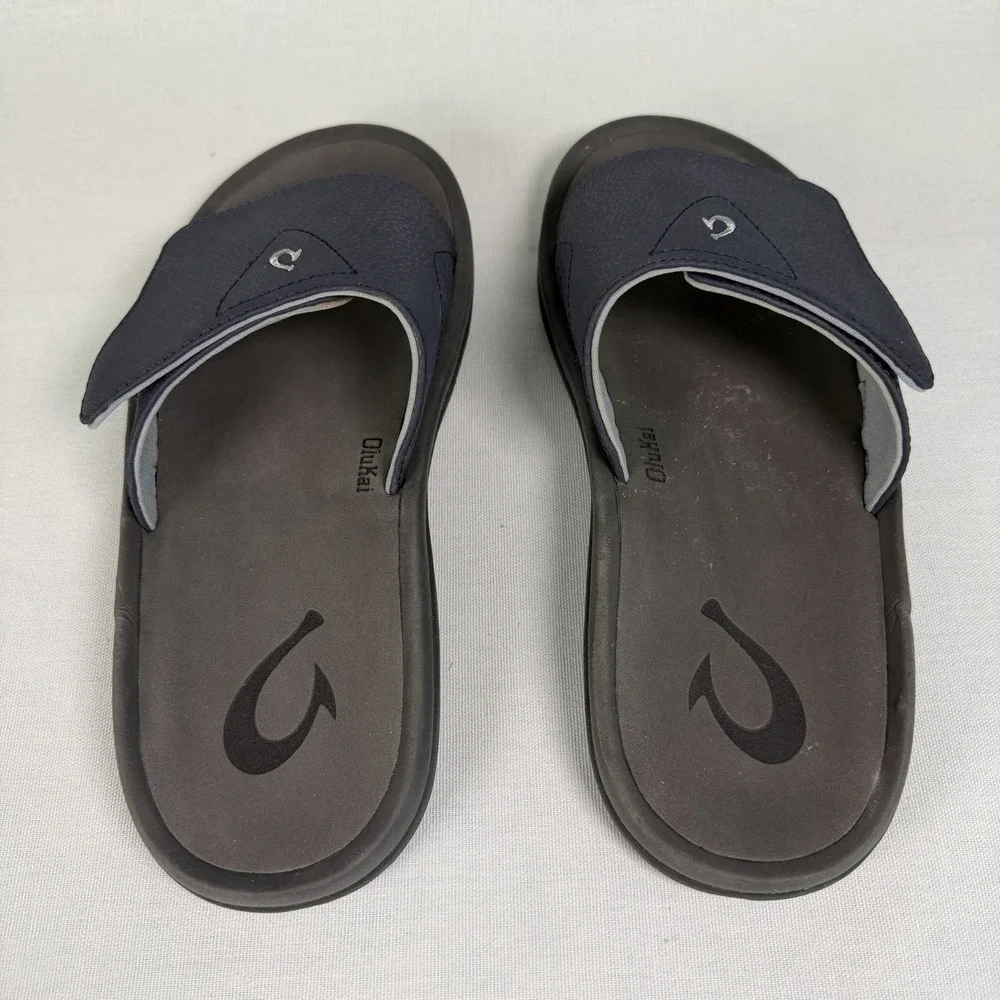 Olukai Nalu Slides Mens 8 Blue Sandals Cushioned Footbed Adjustable Upper Strap